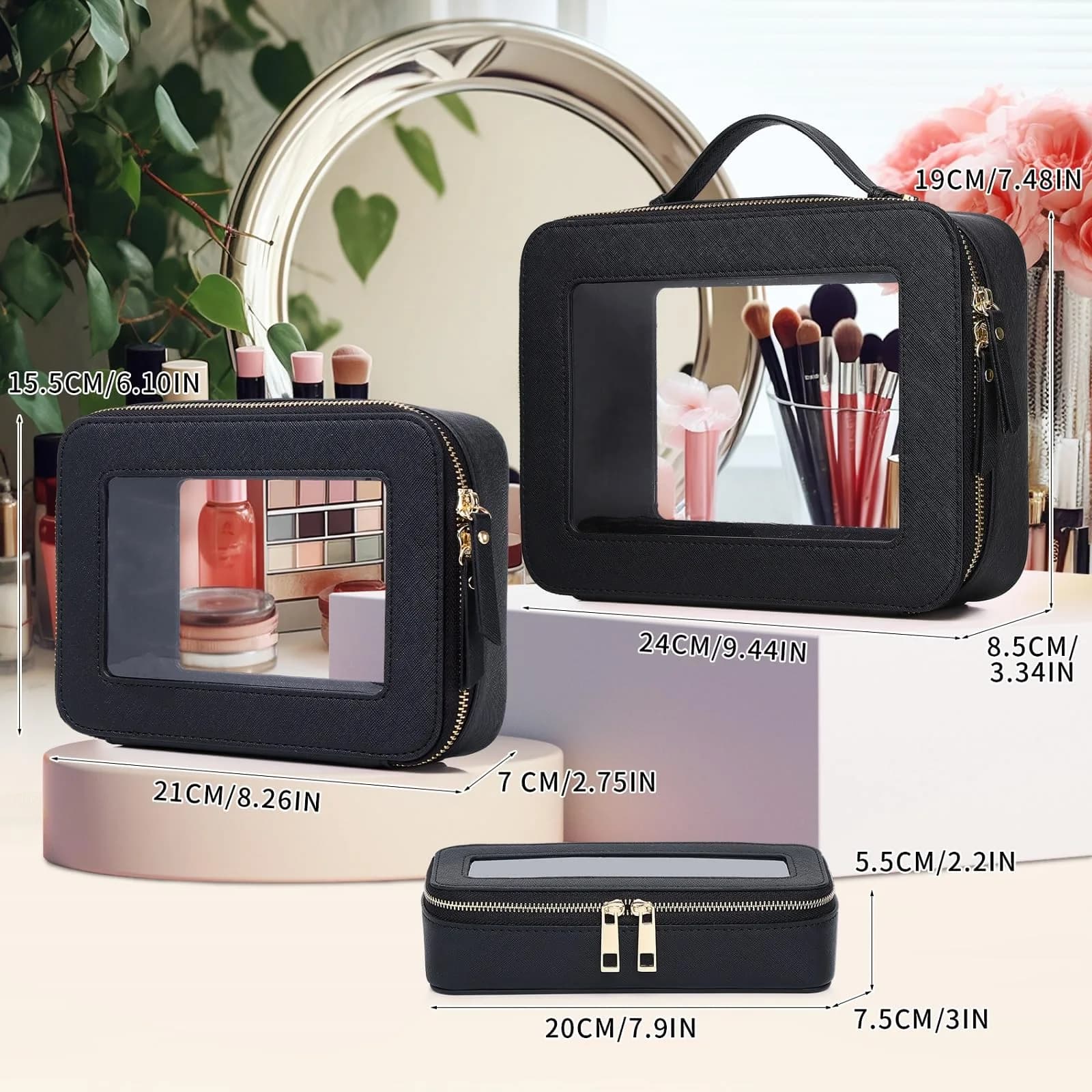 Pinkmik Black Clear Makeup Bag Set, L+M+SLIM (3-Piece) | TSA Approved Travel Cosmetic Case - view 2