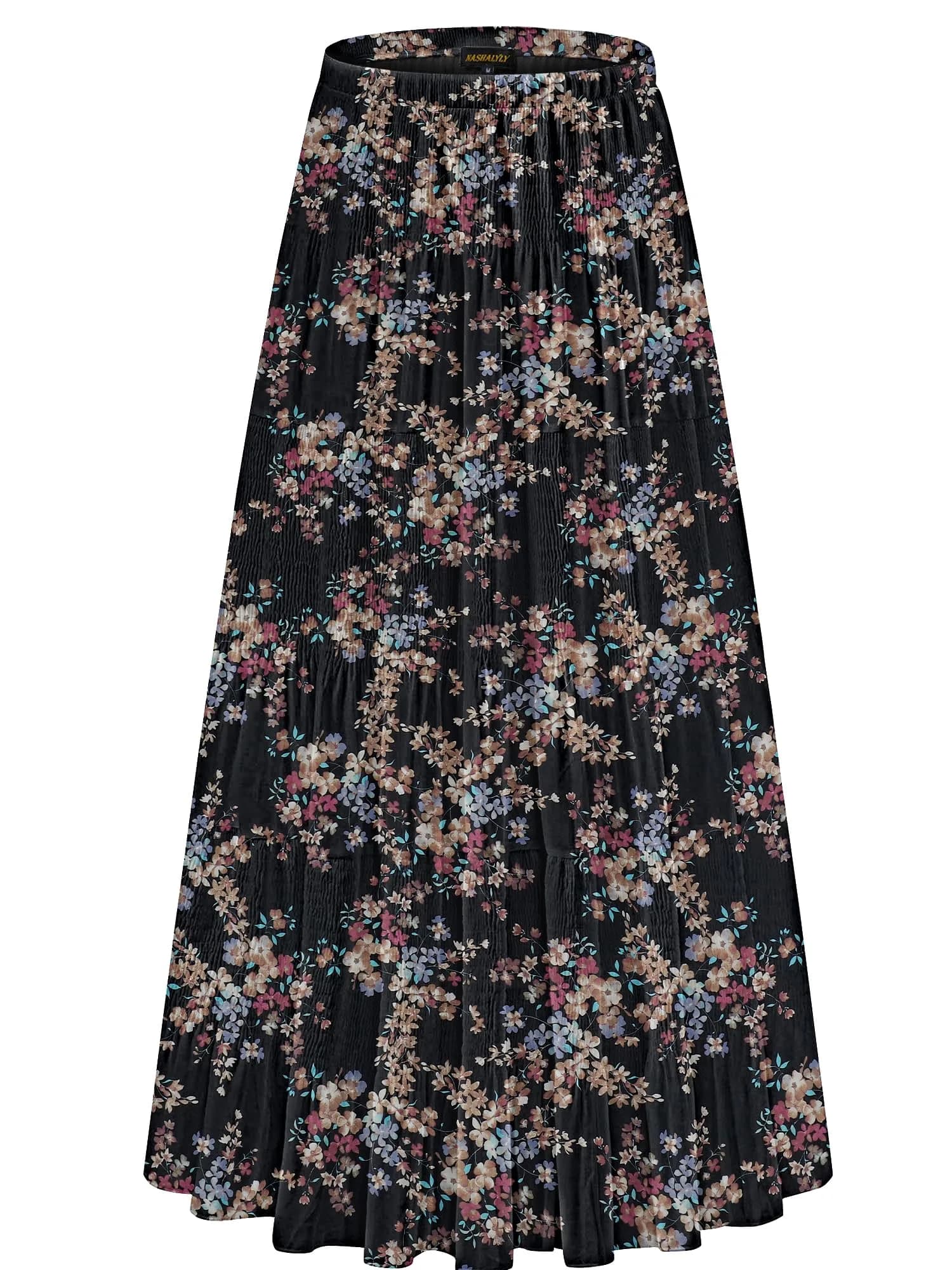 NASHALYLY Women’s Chiffon Maxi Skirt High Waist Pleated A-Line 33.06in | Elegant & Comfortable — Black Floral-c