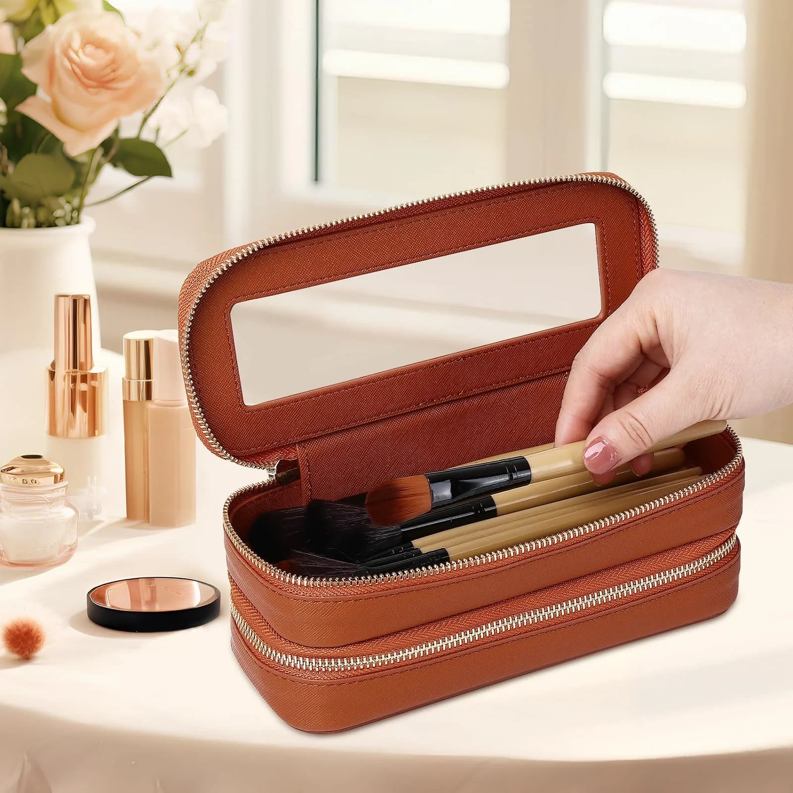 Pinkmik B3/Brown 2-Layer SLIM Makeup Bag Set | TSA Approved Travel Cosmetic Case - view 2
