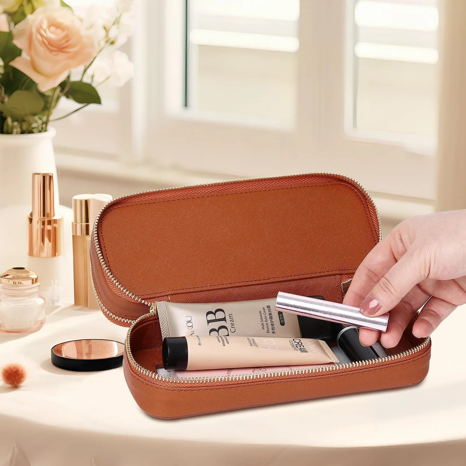 Pinkmik B3/Brown 2-Layer SLIM Makeup Bag Set | TSA Approved Travel Cosmetic Case - view 3