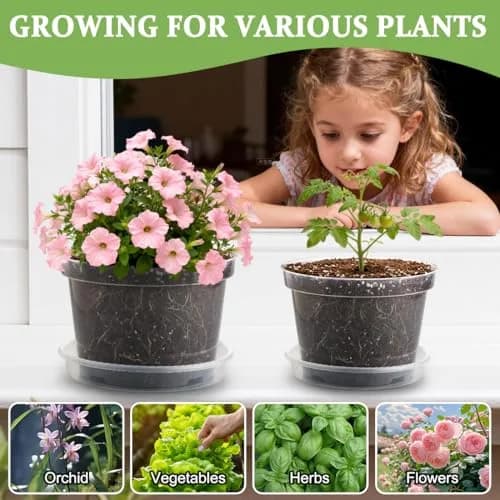 RooTrimmer Clear 8 Inch Plant Pots with Saucers (12 Pack) | Transparent Plastic Nursery Pots with Drainage Hole thumbnail 6