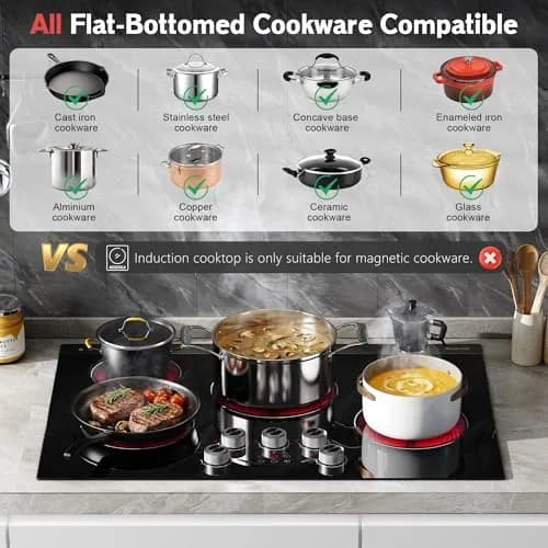 Karienvir 30 Inch 5 Burner Electric Cooktop 8500W | 220V Compatible Built-In Glass Ceramic Cooktop with Dual-Ring Burner & Safety Lock thumbnail 6