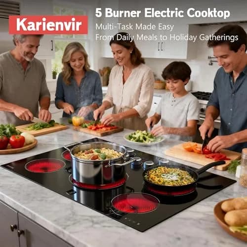 Karienvir 30 Inch 5 Burner Electric Cooktop 8500W | 220V Compatible Built-In Glass Ceramic Cooktop with Dual-Ring Burner & Safety Lock thumbnail 7