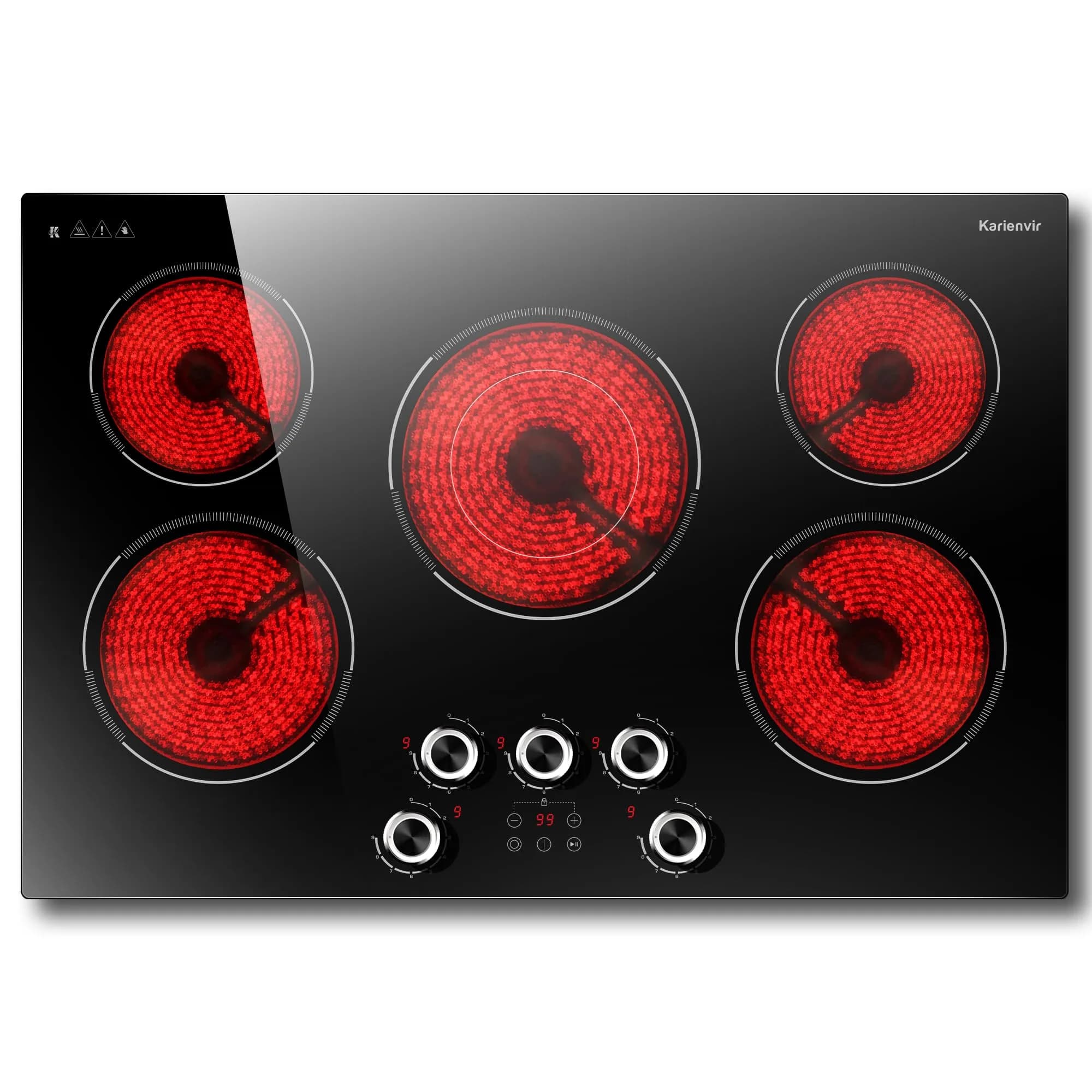 Karienvir 30 Inch 5 Burner Electric Cooktop 8500W | 220V Compatible Built-In Glass Ceramic Cooktop with Dual-Ring Burner & Safety Lock