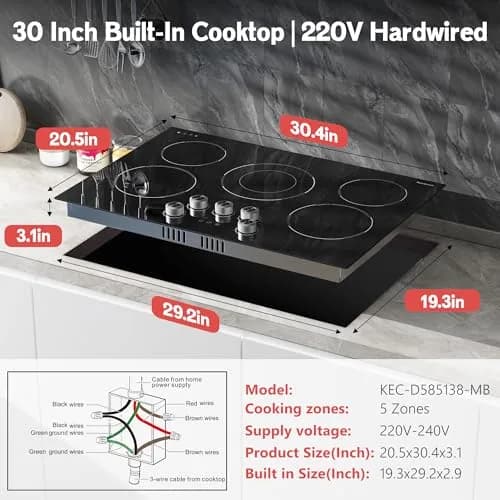 Karienvir 30 Inch 5 Burner Electric Cooktop 8500W | 220V Compatible Built-In Glass Ceramic Cooktop with Dual-Ring Burner & Safety Lock thumbnail 8