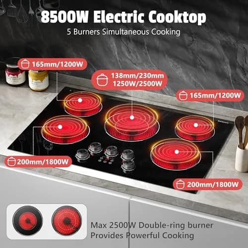 Karienvir 30 Inch 5 Burner Electric Cooktop 8500W | 220V Compatible Built-In Glass Ceramic Cooktop with Dual-Ring Burner & Safety Lock thumbnail 2