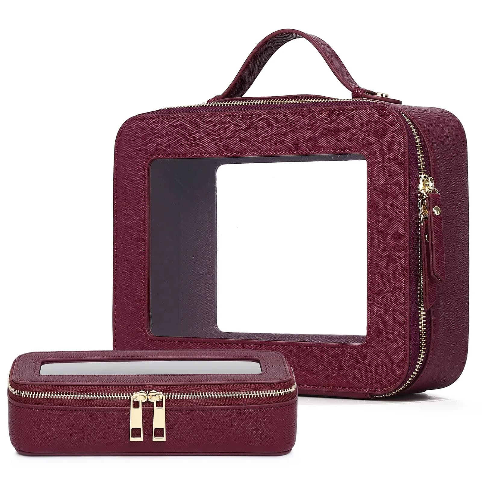 Pinkmik Burgundy Clear Makeup Bag, Large Slim Fit | TSA Approved Travel Cosmetic Case - main product image