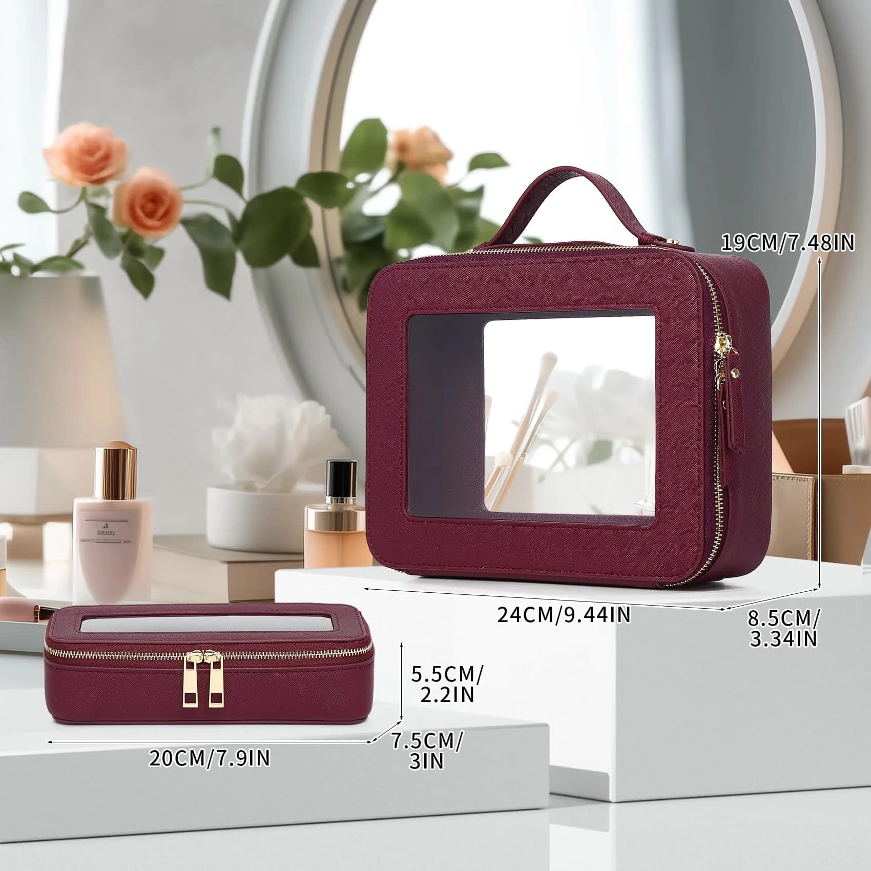 Pinkmik Burgundy Clear Makeup Bag, Large Slim Fit | TSA Approved Travel Cosmetic Case - view 2
