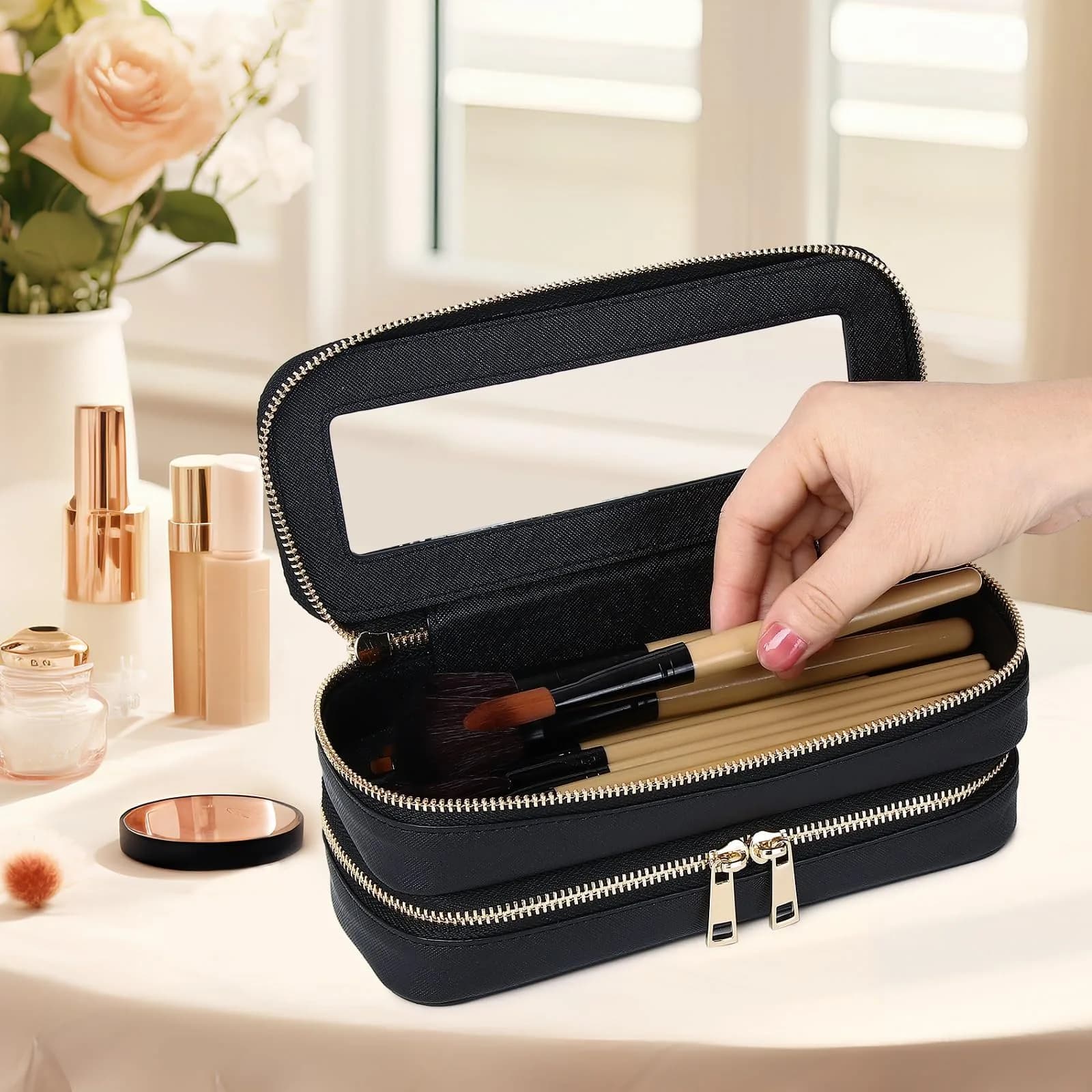 Pinkmik B3/Black 2-Layer SLIM Makeup Bag Set - TSA Approved Travel Cosmetic Case - view 2