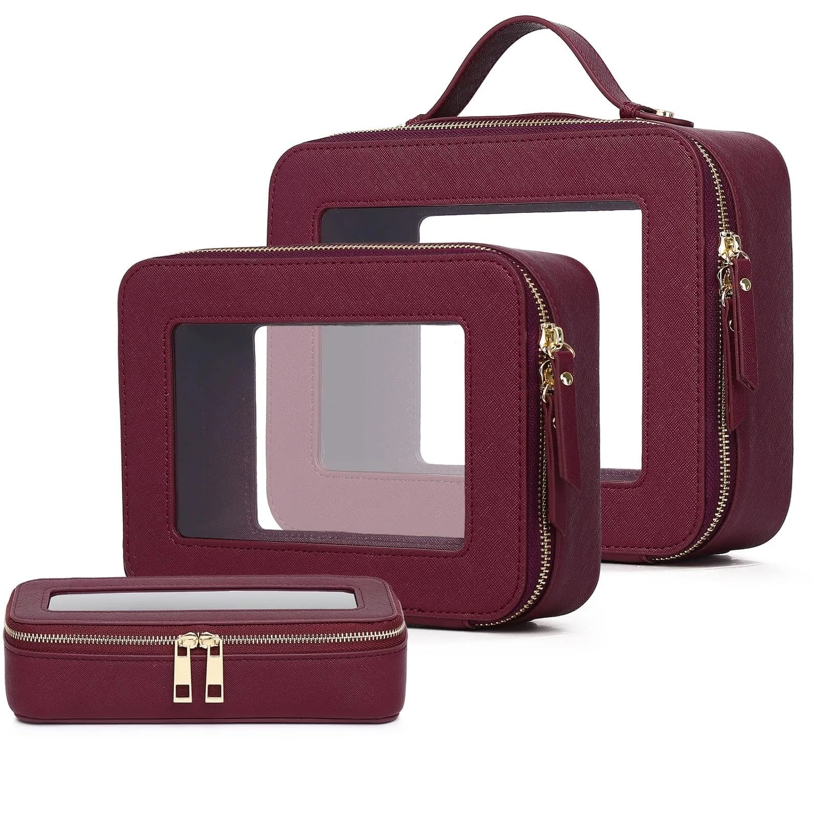Pinkmik Clear Makeup Bag Set - Burgundy, Large + Medium + Slim (3-Piece) | TSA Approved Travel Cosmetic Case - main product image