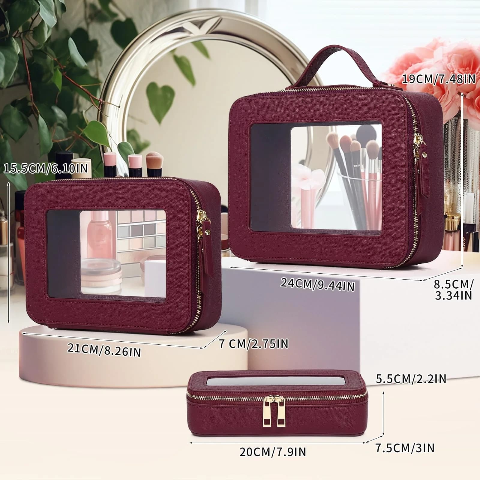 Pinkmik Clear Makeup Bag Set - Burgundy, Large + Medium + Slim (3-Piece) | TSA Approved Travel Cosmetic Case - view 2