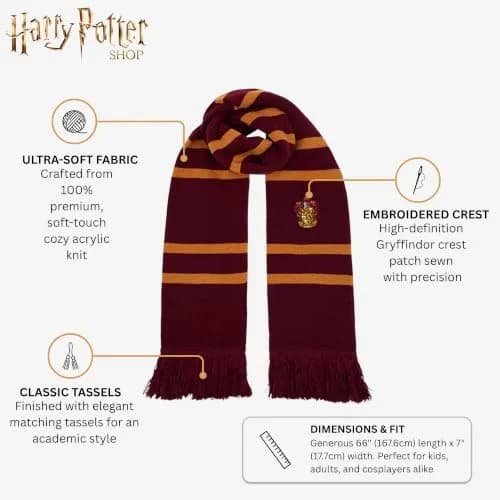 Harry Potter Gryffindor Red & Yellow Knitted Crest Scarf | 66" x 7" Warm Winter Accessory thumbnail 3