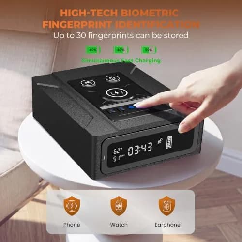 ORARAER Biometric Safe with Wireless Charging & Fingerprint Lock | Nightstand Security (70-120 chars) thumbnail 3
