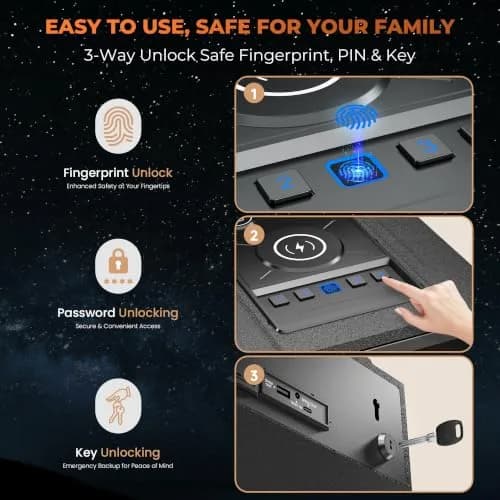 ORARAER Biometric Safe with Wireless Charging & Fingerprint Lock | Nightstand Security (70-120 chars) thumbnail 4