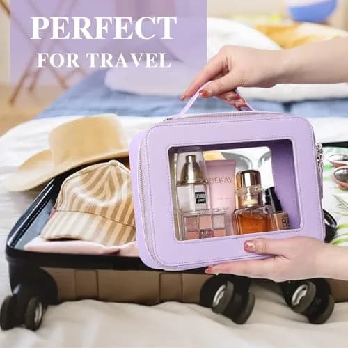 Pinkmik Clear Makeup Bag with Brush Bag, Purple, L+SLIM | TSA Approved Travel Cosmetic Organizer Set thumbnail 4