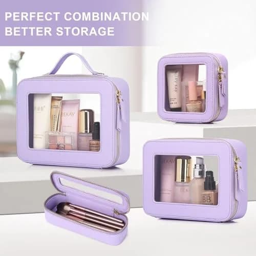 Pinkmik Clear Makeup Bag with Brush Bag, Purple, L+SLIM | TSA Approved Travel Cosmetic Organizer Set thumbnail 6