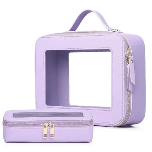 Pinkmik Clear Makeup Bag with Brush Bag, Purple, L+SLIM | TSA Approved Travel Cosmetic Organizer Set thumbnail 1