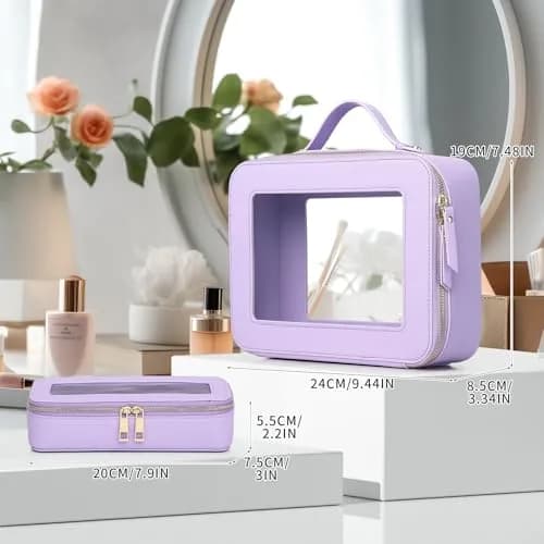 Pinkmik Clear Makeup Bag with Brush Bag, Purple, L+SLIM | TSA Approved Travel Cosmetic Organizer Set thumbnail 3