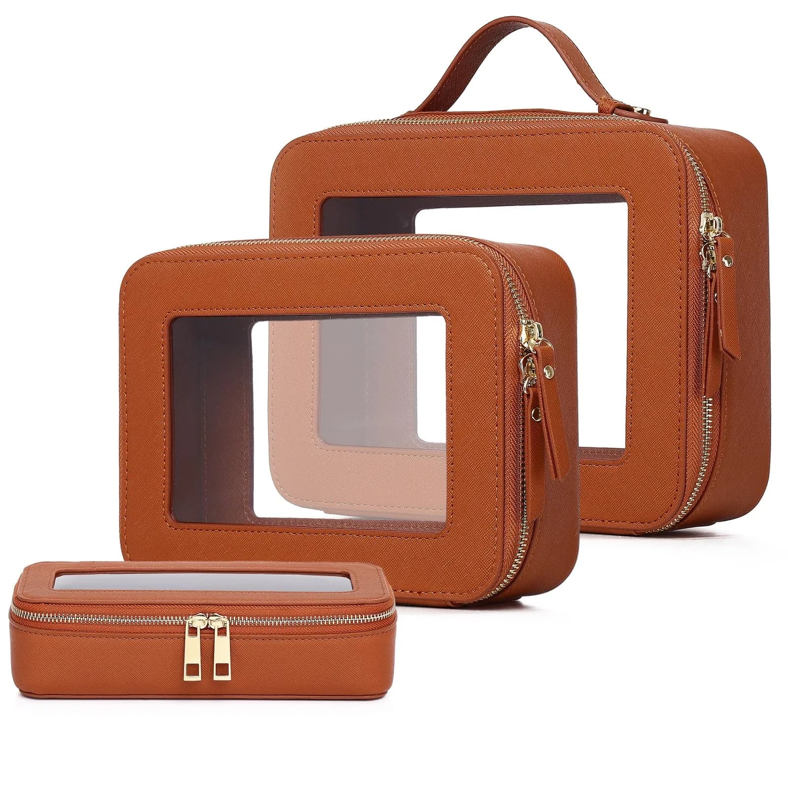 Pinkmik Brown Clear Makeup Bag Set, L+M+SLIM (3-Piece) | TSA Approved Travel Cosmetic Case - main product image