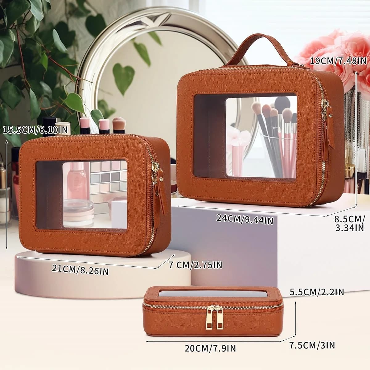 Pinkmik Brown Clear Makeup Bag Set, L+M+SLIM (3-Piece) | TSA Approved Travel Cosmetic Case - view 2