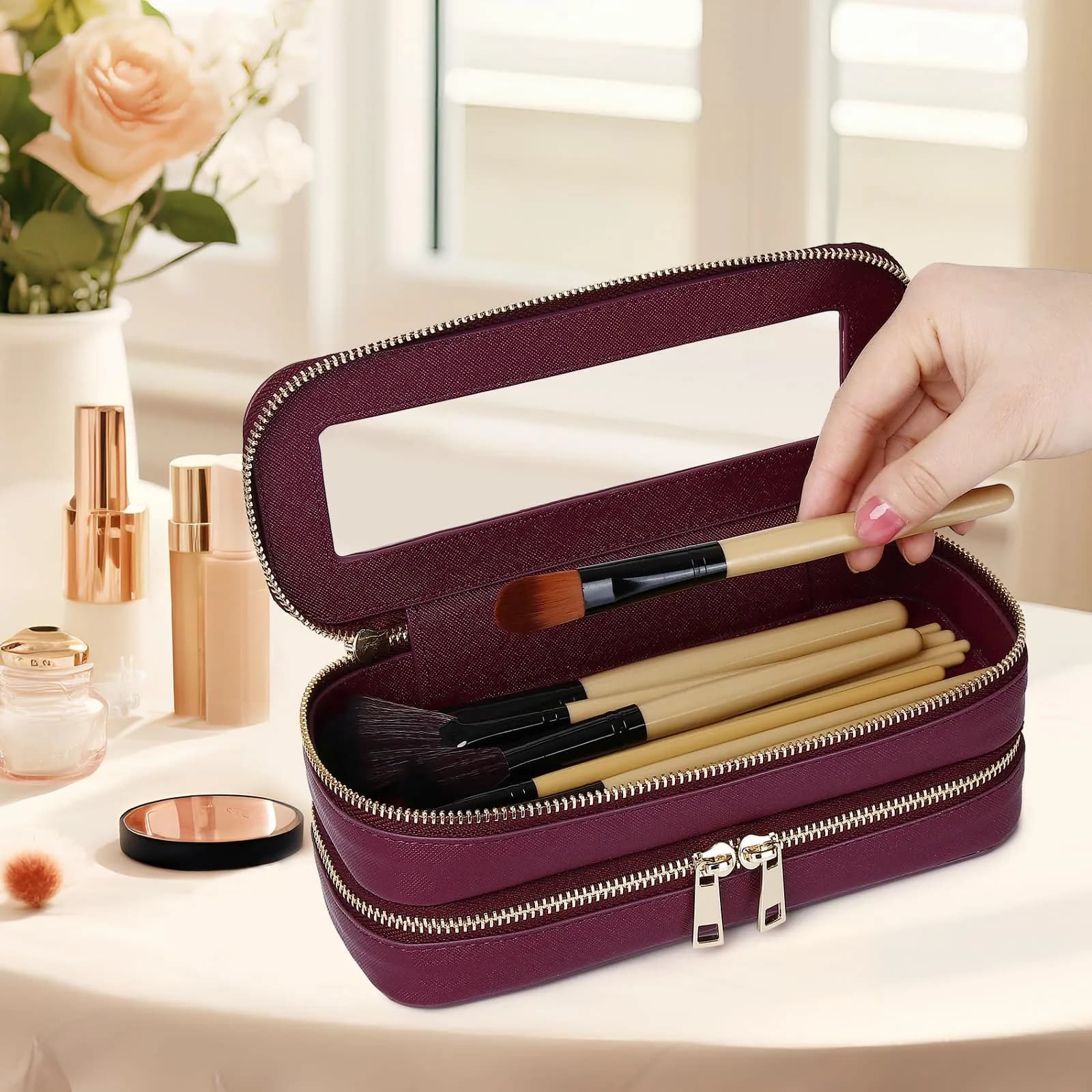 Pinkmik Burgundy 2-Layer SLIM Makeup Bag Set | TSA Approved Travel Cosmetic Case - view 2