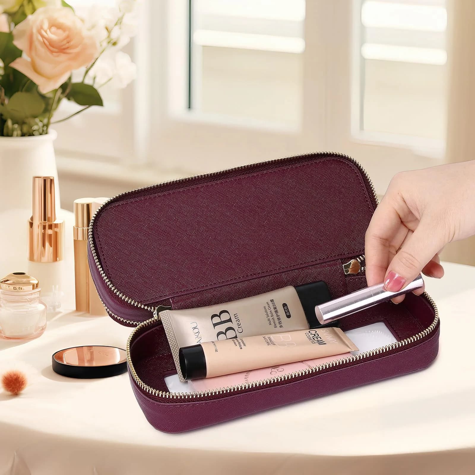 Pinkmik Burgundy 2-Layer SLIM Makeup Bag Set | TSA Approved Travel Cosmetic Case - view 3