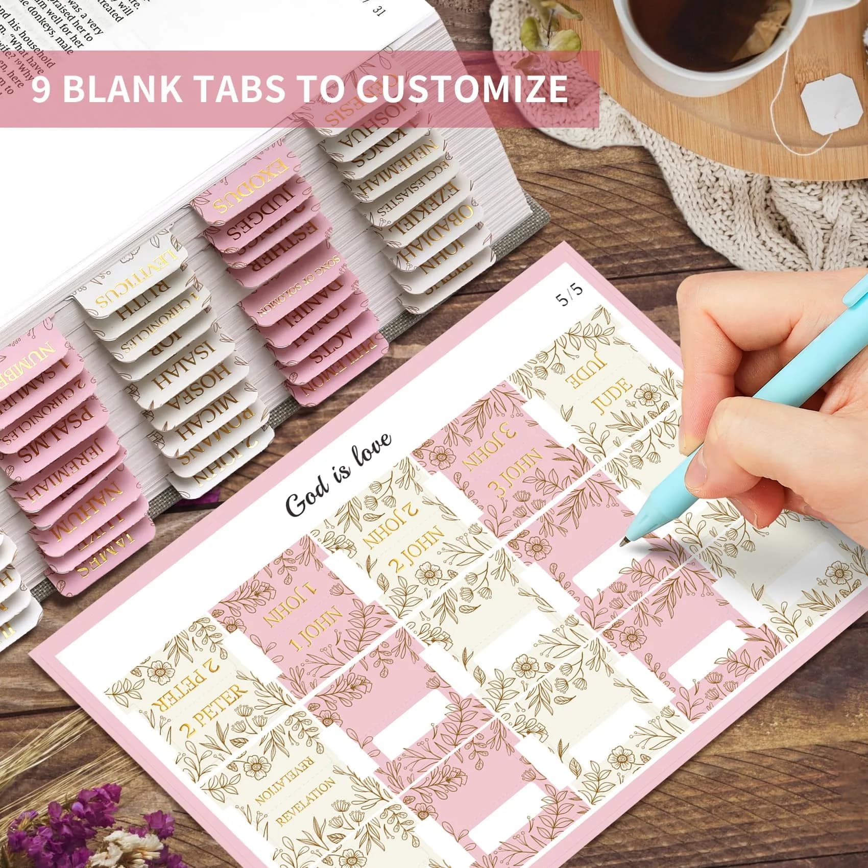 Taja Sketch Floral Bible Tabs (66+9 Blank) | Laminated for Easy Navigation - view 6