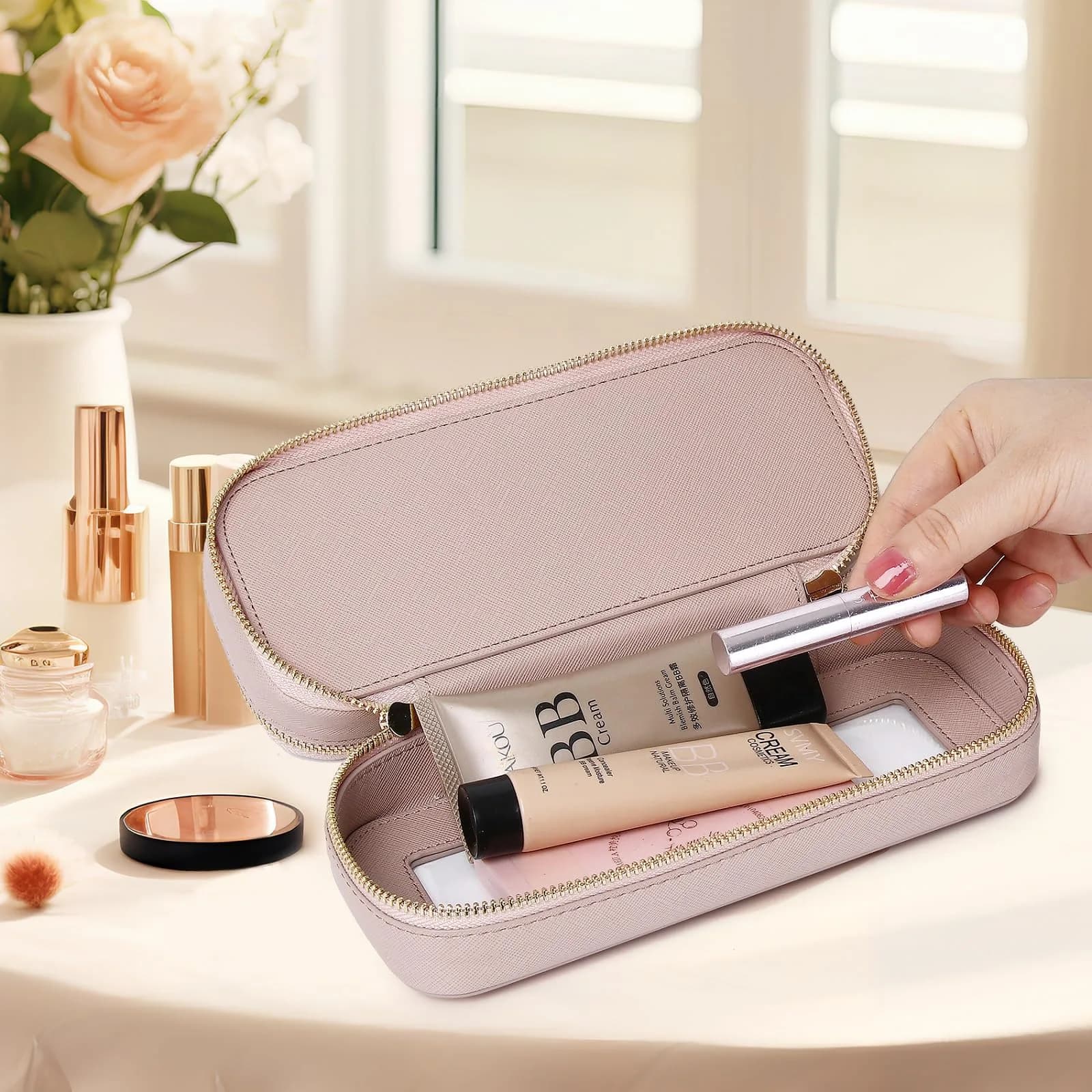 Pinkmik Double Layer Makeup Bag, Pink, Double SLIM | Travel Brush Holder Organizer - view 3