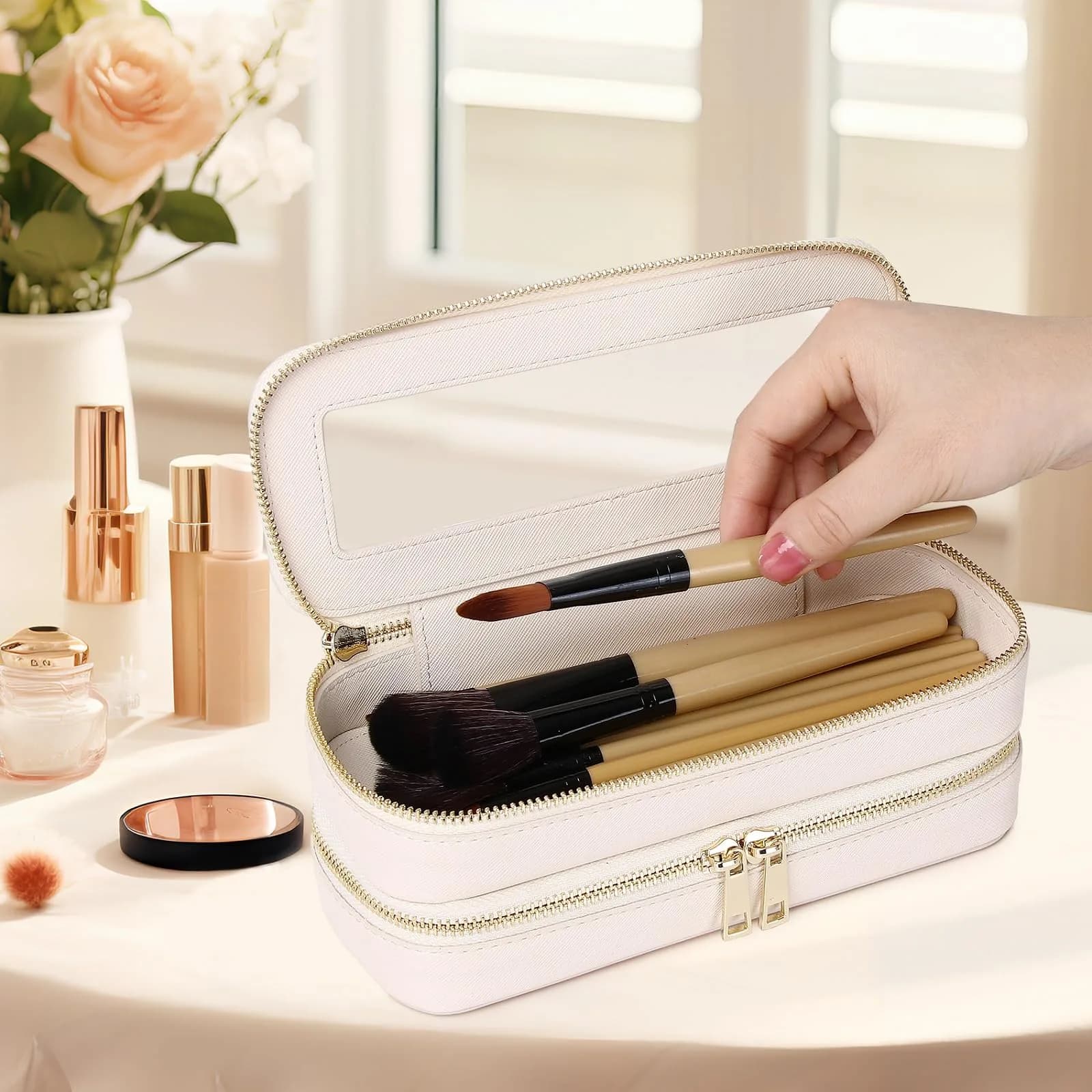 Pinkmik Beige 2-Layer SLIM Makeup Bag | TSA Approved Travel Cosmetic Case - view 2