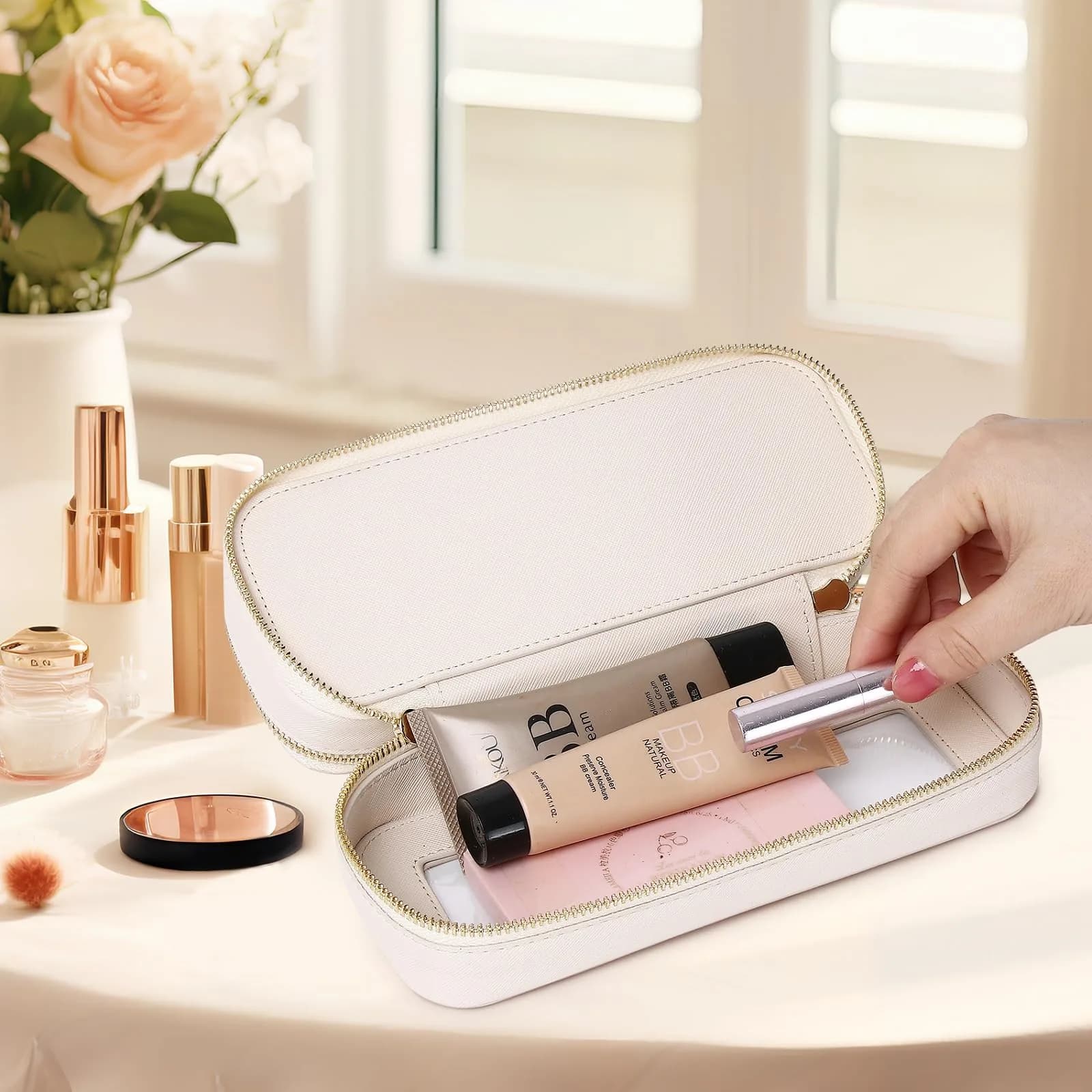 Pinkmik Beige 2-Layer SLIM Makeup Bag | TSA Approved Travel Cosmetic Case - view 3