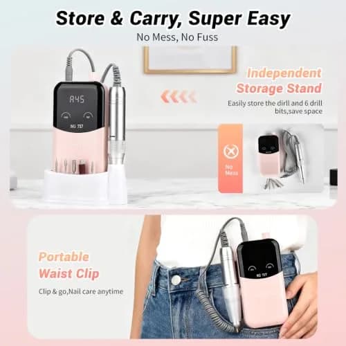 JEWHITENY SG717 Rechargeable Cordless Nail Drill 45000RPM with 6 Bits & 6 Sanding Bands | Professional Electric Nail File for Acrylic Gel Nails thumbnail 6