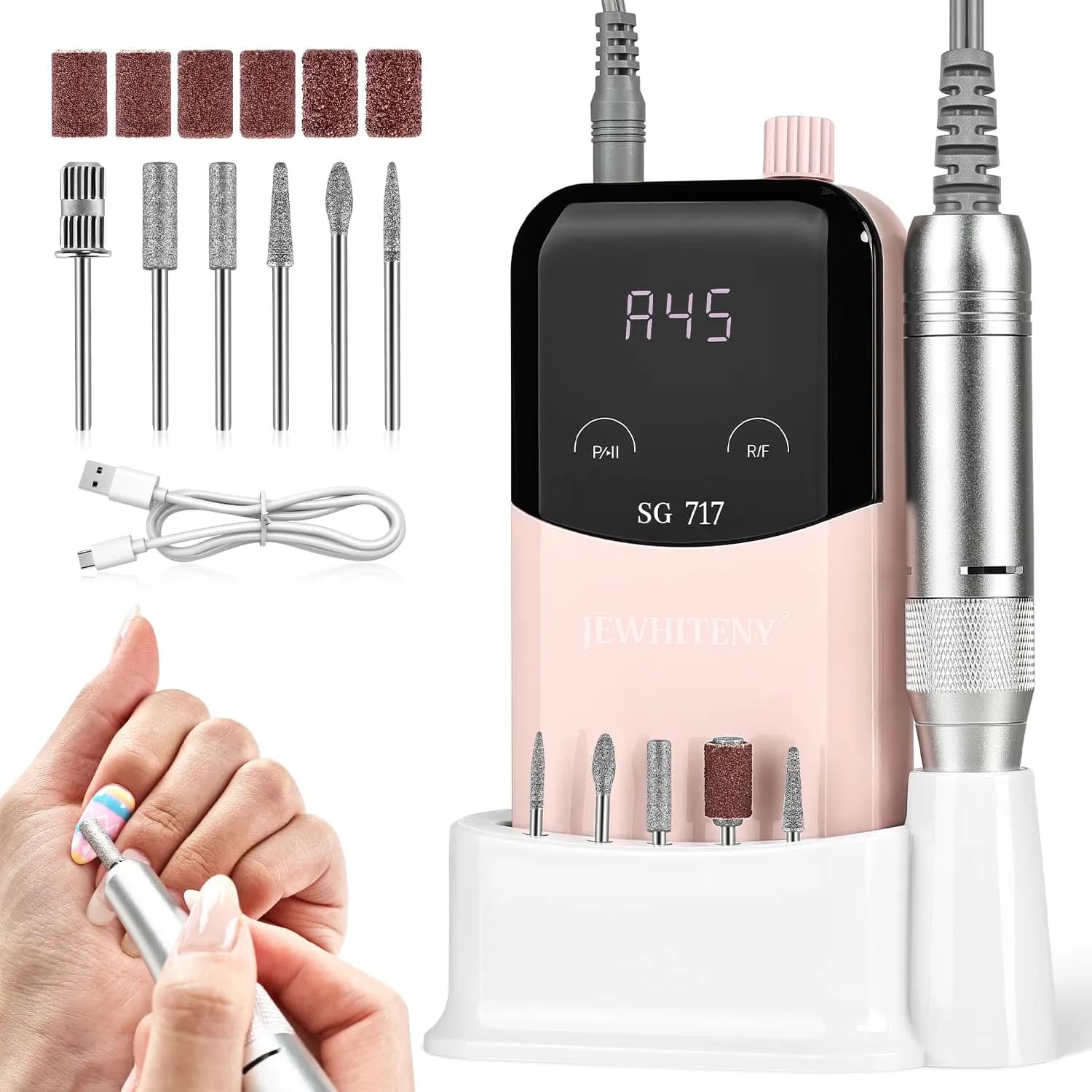 JEWHITENY SG717 Rechargeable Cordless Nail Drill 45000RPM with 6 Bits & 6 Sanding Bands | Professional Electric Nail File for Acrylic Gel Nails - main product image