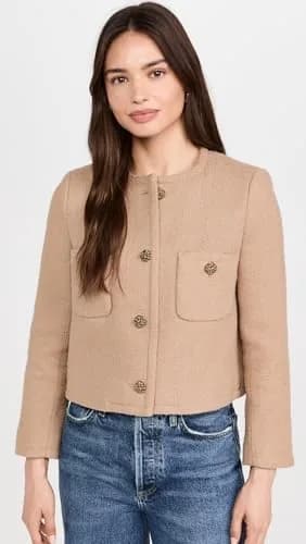 ba&sh Meredith Jacket, Camel, Size 4 | Boxy Cut with Round Neck & Jewel Buttons thumbnail 2