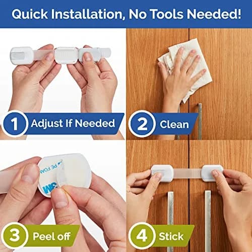 Wappa Child Safety Strap Locks (6 Pack) Baby Locks for Cabinets & Drawers, Toilet, Fridge | No Drilling, Easy Install, White/Gray thumbnail 5