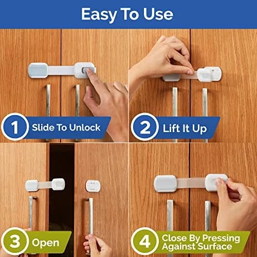 Wappa Child Safety Strap Locks (8 Pack) Baby Locks for Cabinets & Drawers | No Drilling, Easy Install, White/Gray thumbnail 3