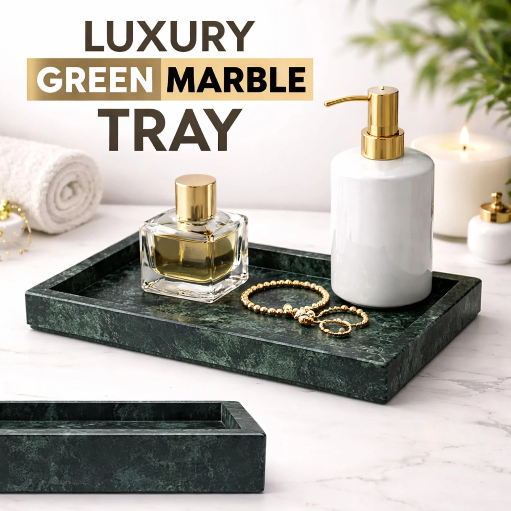 KC KULLICRAFT Natural Green Marble Tray 30cm (12" x 8") | Solid Stone Organizer for Kitchen & Bath - view 6
