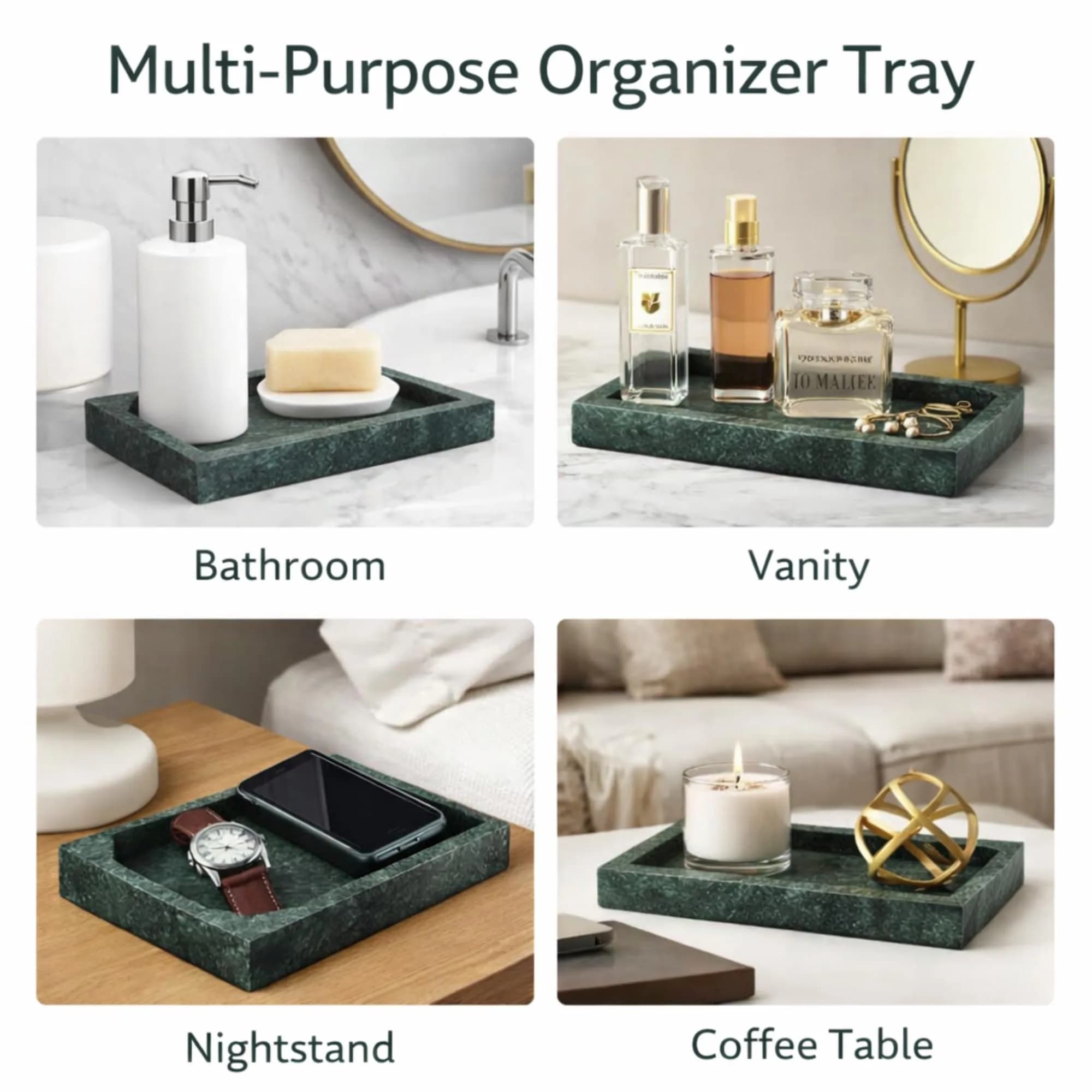 KC KULLICRAFT Natural Green Marble Tray 30cm (12" x 8") | Solid Stone Organizer for Kitchen & Bath - view 4