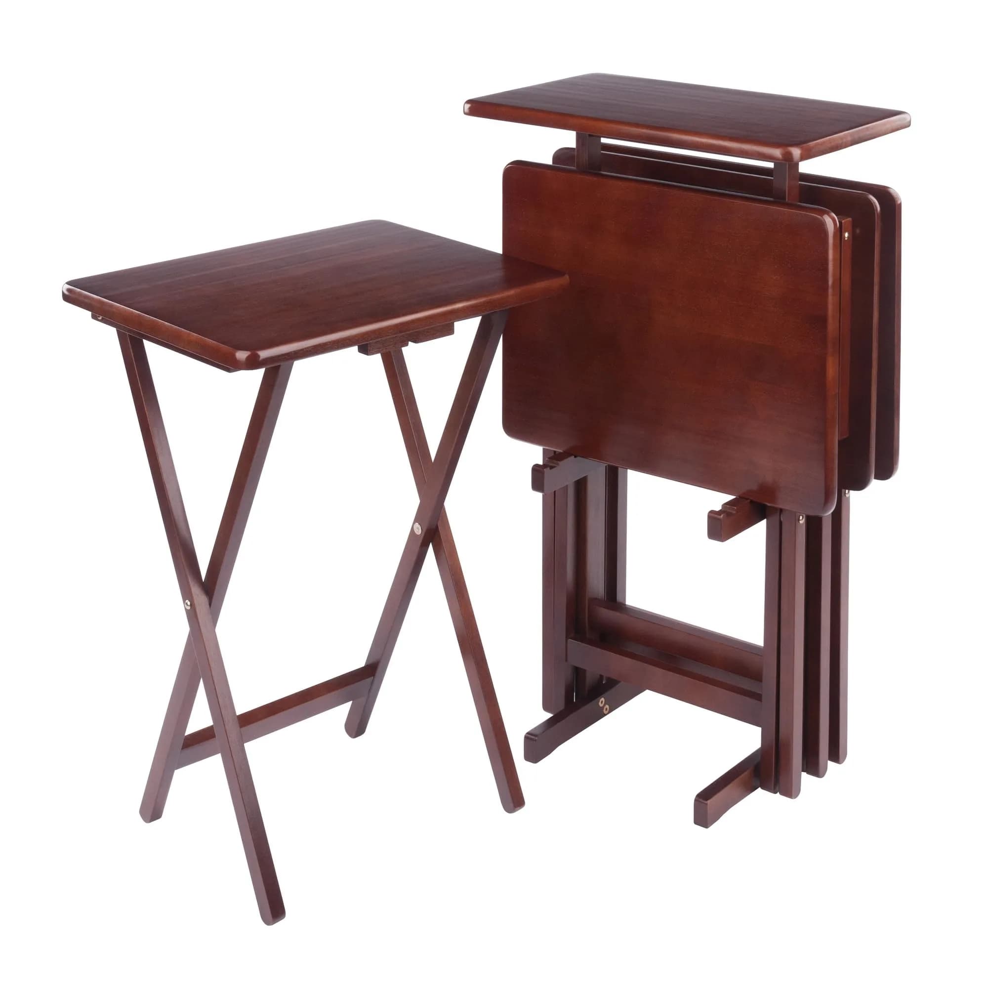 Winsome Riley Set of 2 Foldable Snack Tables with Storage Rack | Space-Saving Wooden TV Trays for Home & Office — Walnut
