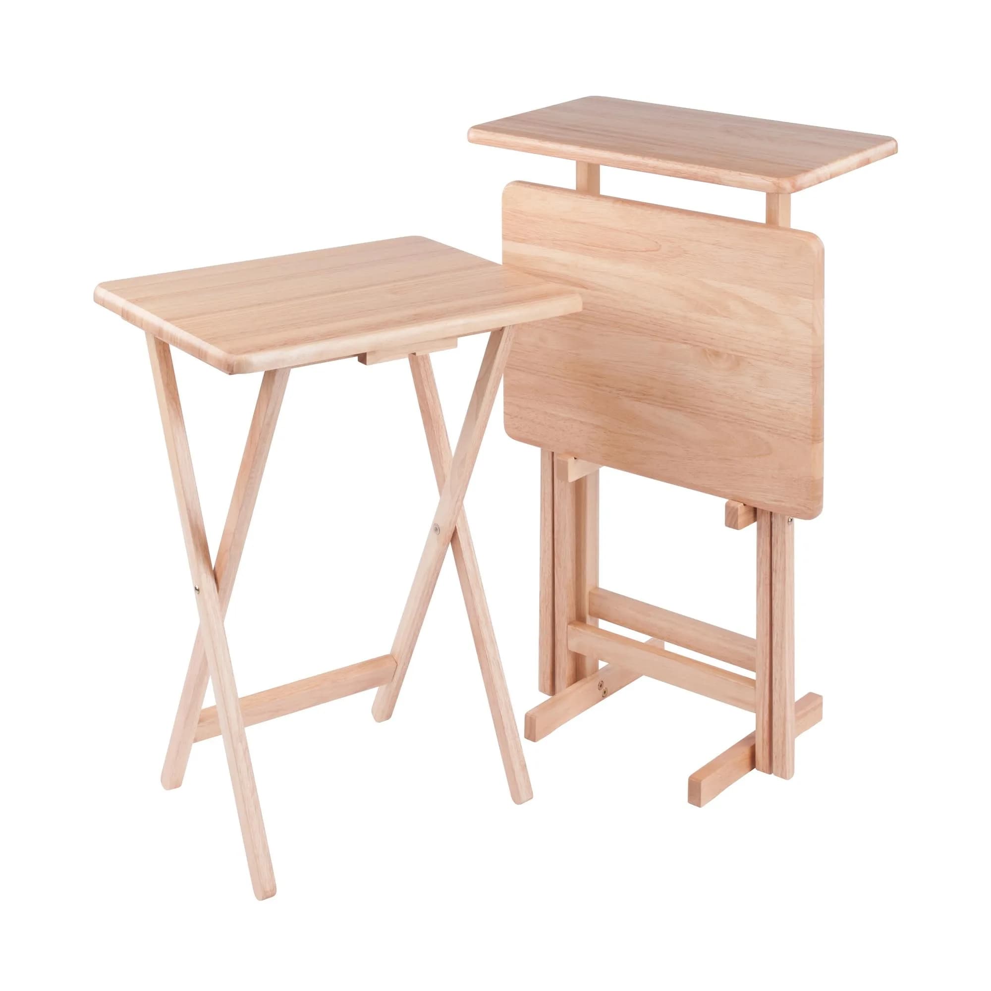 Winsome Riley Set of 2 Foldable Snack Tables with Storage Rack | Space-Saving Wooden TV Trays for Home & Office — Natural