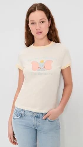 RE/DONE Womens 60s Slim Ringer TEE Dumbo, Vintage White W/SHORTBREAD, XS | Crew Neck, Short Sleeve, Solid thumbnail 2