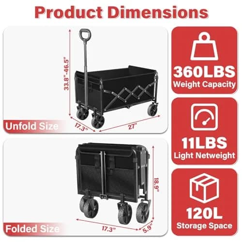 Exovyn Heavy Duty Collapsible Utility Wagon Cart 360 Lbs | Portable Garden & Beach Trolley thumbnail 2
