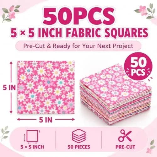 Asofelk Pink Floral Quilting Fabric Squares 5x5 Inch | Assorted Cotton Charm Pack for Sewing & Patchwork thumbnail 2