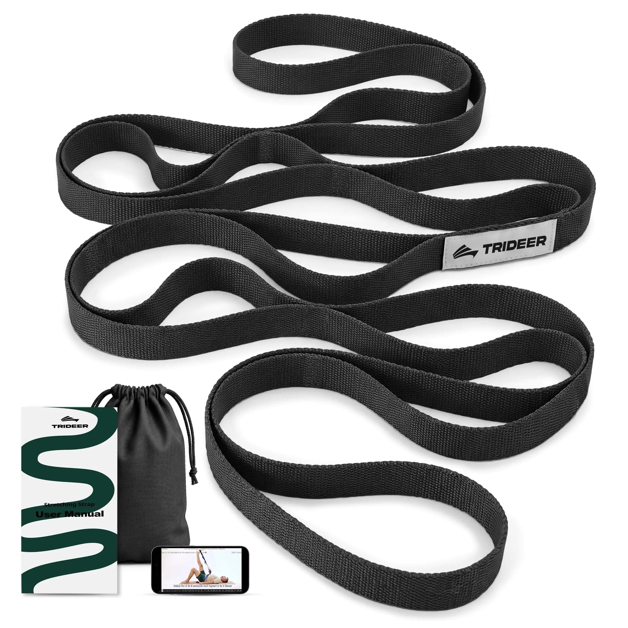 Trideer Stretching Strap with Loops for Physical Therapy, Non-Elastic | 75 inch, Polypropylene, Black, PT Style