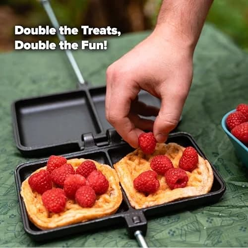 Coghlan's Double Cast Iron Camp Cooker – Pre-Seasoned Double Pie Iron for Campfire Cooking, Makes 2 Camping Pies at Once, Removable Handles, Wooden Grips & Cleaning Scrubber thumbnail 5