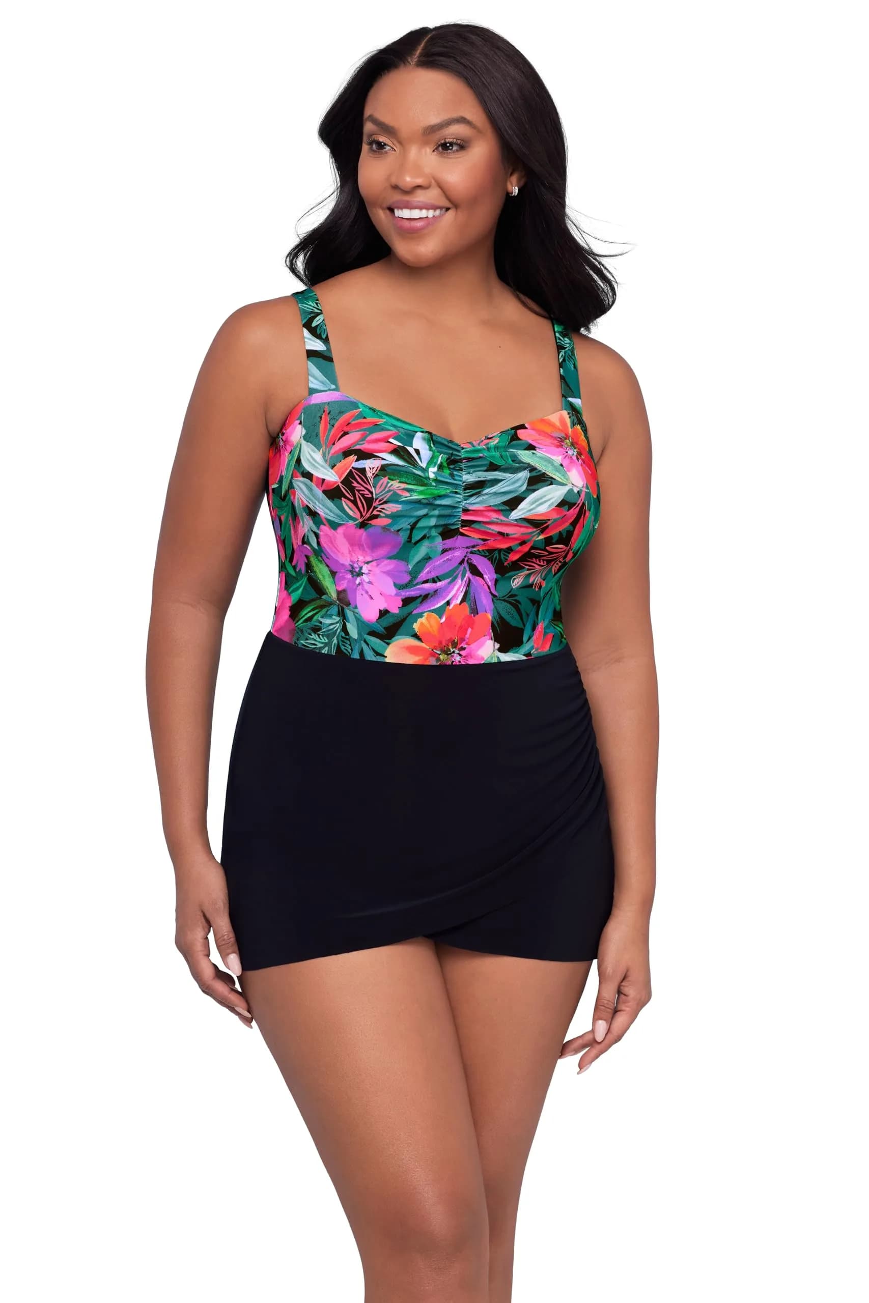 Trimshaper Tummy Control Laura Swimdress with Molded Cups & Sweetheart Neckline, Lush Paradise, Size 12 | Elegant & Supportive — Lush Paradise