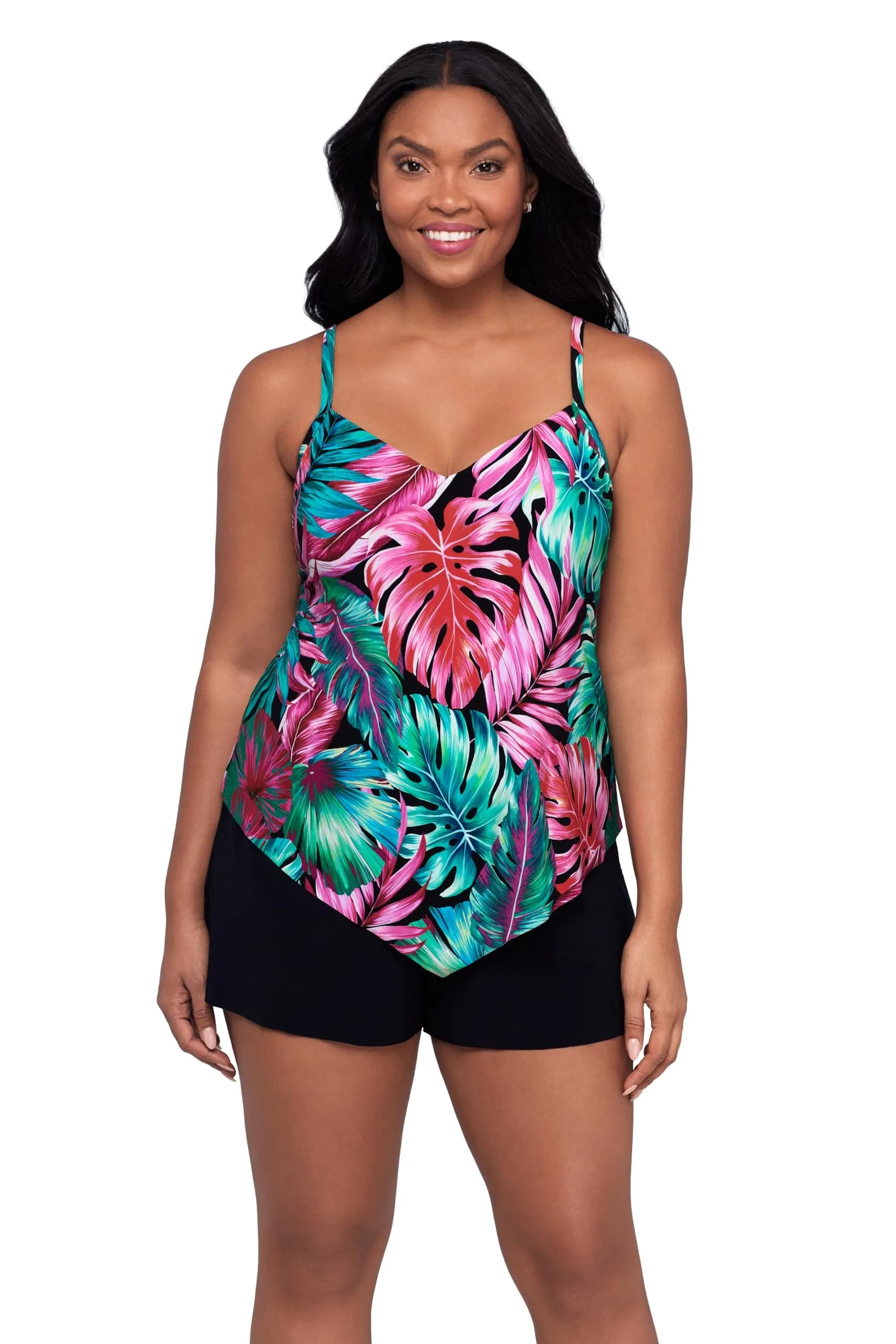 Trimshaper Womens Full Tummy Control Hank Swim Romper with Removable Cups and Adjustable Straps, Hot Tropic, 16 | Flattering Fit & Support
