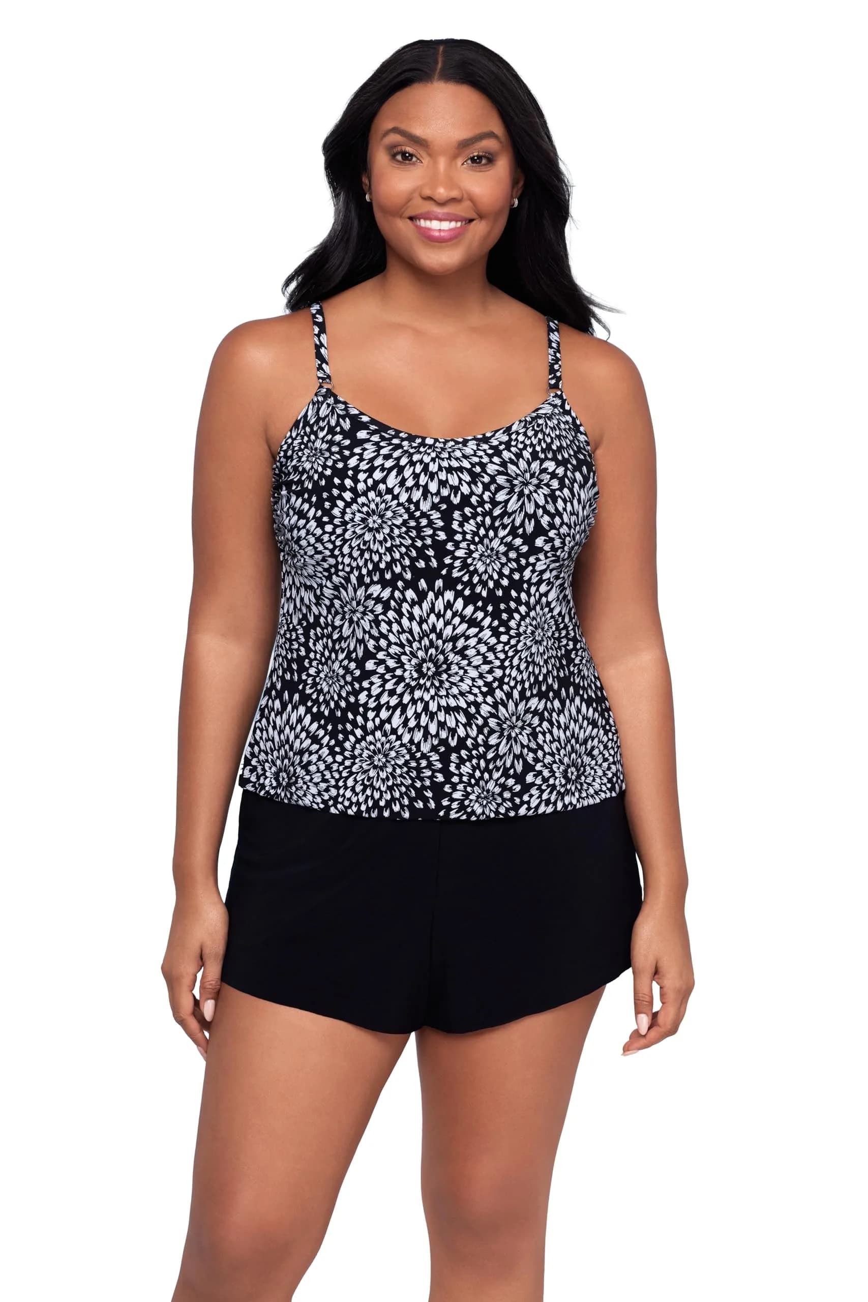 Trimshaper Womens Tummy Control Farrah Swim Romper with Built-in Bra and Adjustable Straps, Noir Blooms, 16 | Support & Style