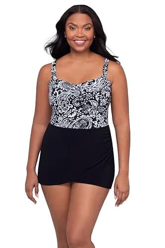 Trimshaper Womens Tummy Control Laura Swimdress with Sweetheart Neckline and Molded Cups | Boho Classic, Size 12 thumbnail 1