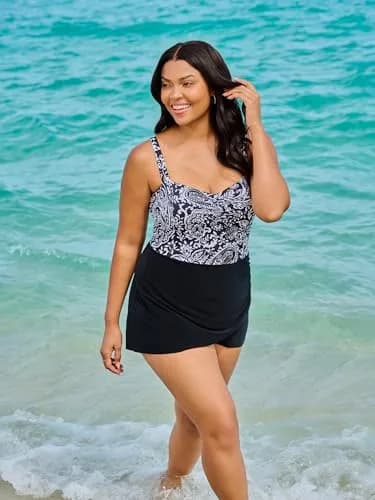 Trimshaper Womens Tummy Control Laura Swimdress with Sweetheart Neckline and Molded Cups | Boho Classic, Size 12 thumbnail 2