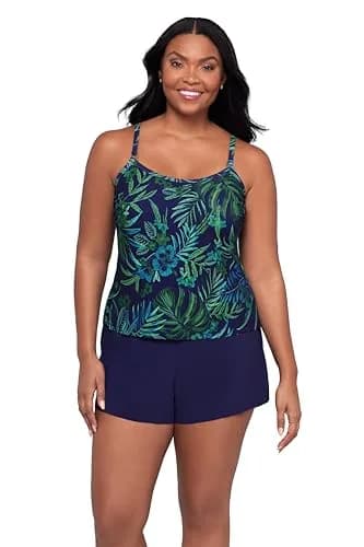 Trimshaper Tummy Control Swim Romper with Built-in Bra & Adjustable Straps | Fitted, Polyester-Spandex Blend, Tropical Tessellation, Size 16 thumbnail 1